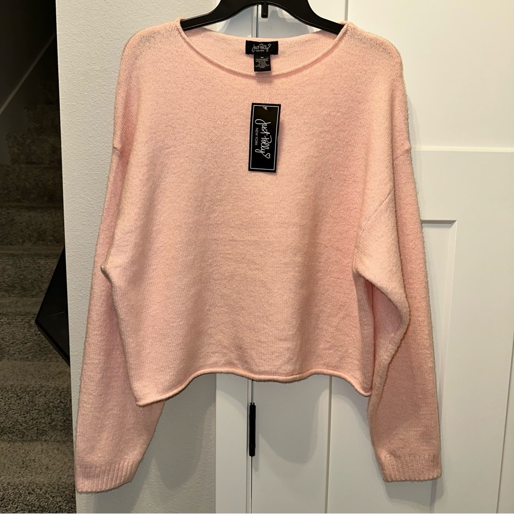 NWT Just Polly New York Light Pink Cropped Crew Sweater size M oversized
